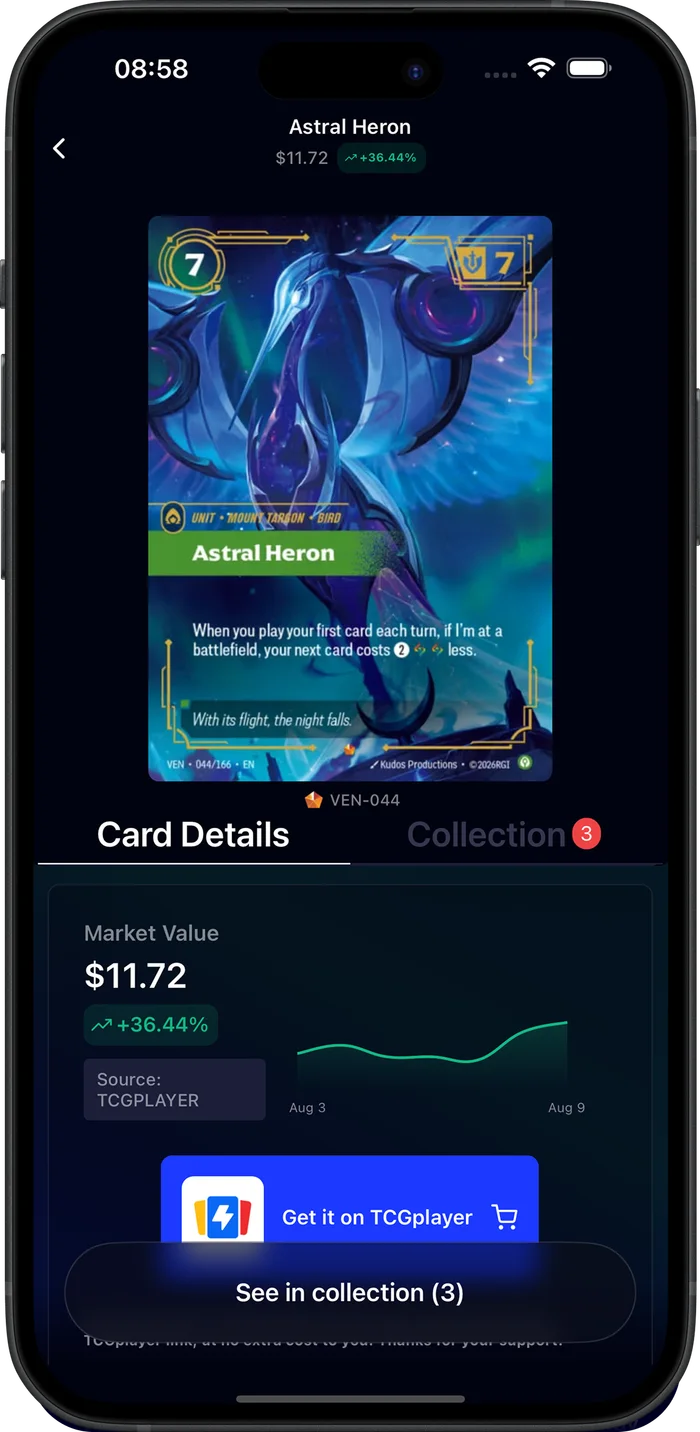 Runes app: a card page with its market value and price history